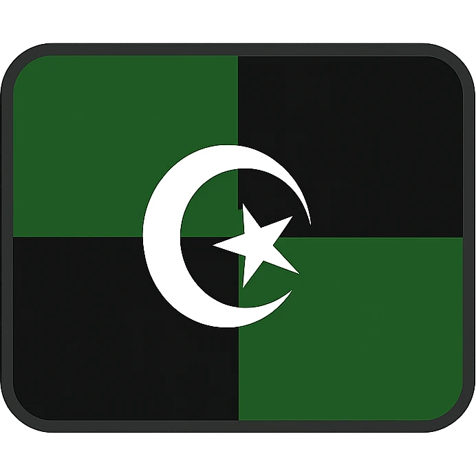 Redraw this flag as a simple, clear, minimal emoji icon with four quadrants in black and dark green background, and a white crescent and star in the center. The style should be minimal and clean with transparent background. emoji
