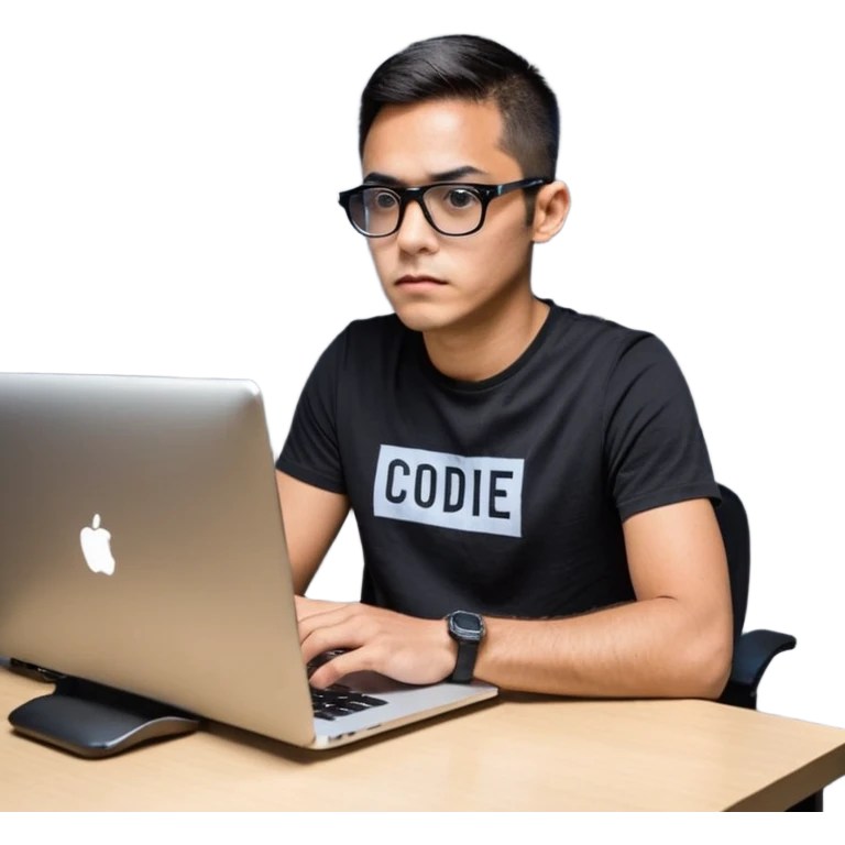Un homme développeur de teint noir, assis à un bureau moderne avec un ordinateur portable allumé devant lui, écran affichant du code en exécution. Il porte une tenue casual (t-shirt sombre ou chemise simple), lunettes élégantes optionnelles. Expression concentrée, lumière douce venant de l’écran.  emoji