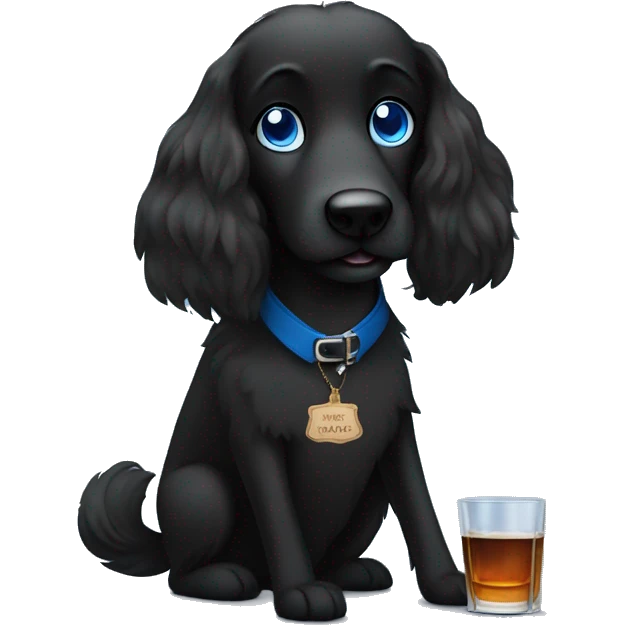 Long haired black dog with blue eyes sipping whiskey at a party emoji