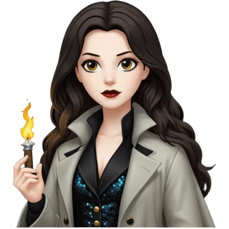 Van Helsing with long dark brown hair, black sequin outfit emoji