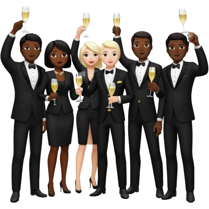 Un equipo cin trajes negros, personas blancos y negros de ventas celebrando un logro con un brindis. El fondo negro totalmente  emoji