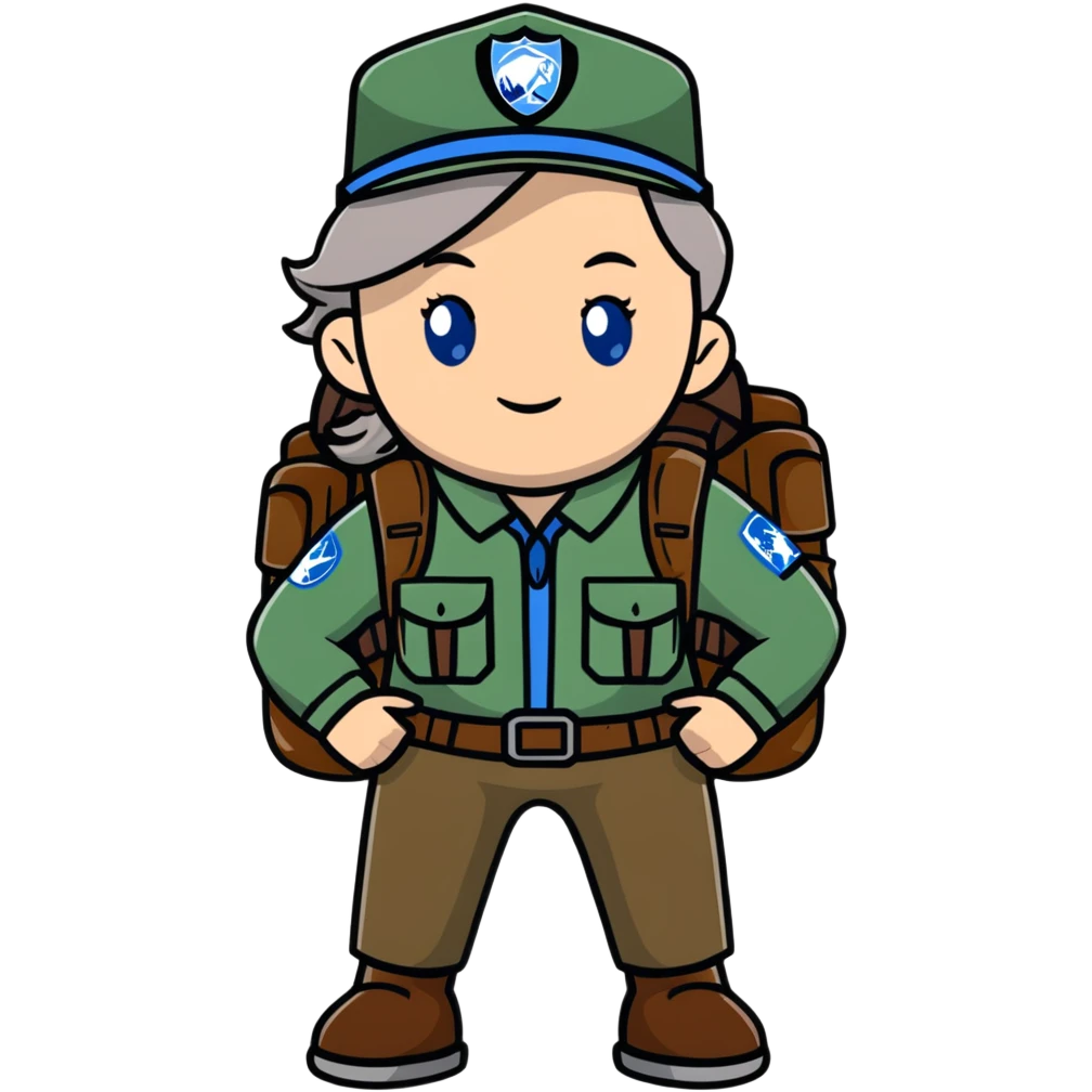 white woman park ranger with gray and brown hair, blue eyes, wearing a backpack emoji