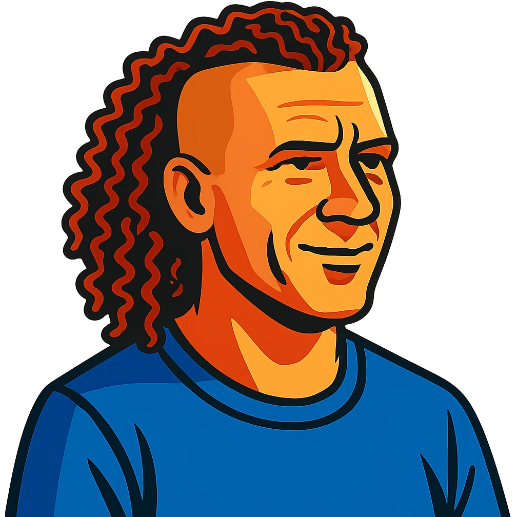 white man in his 40s with long tight curly hair and short sides emoji