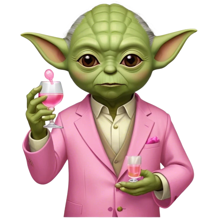 Master Yoda in pink suit, holding one small pink tequila shot in right hand emoji