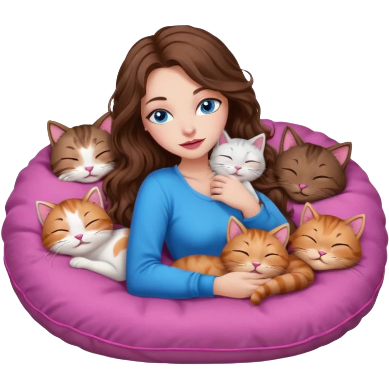 girl with long wavy brown hair, blue eyes, long lashes makeup, sexy pink lips, sleeping on a cozy pillow with 6 cats emoji