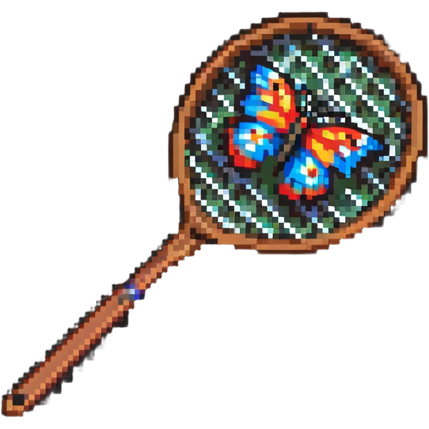 A colorful butterfly net with a wooden handle, badge style emoji