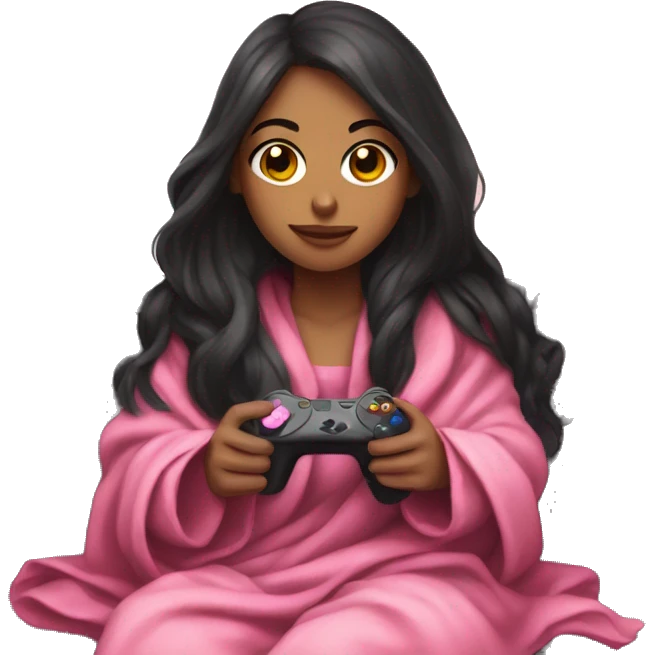 girl with long dark hair wrapped up in a blanket sitting on a couch with a pink gaming controller in her hands emoji