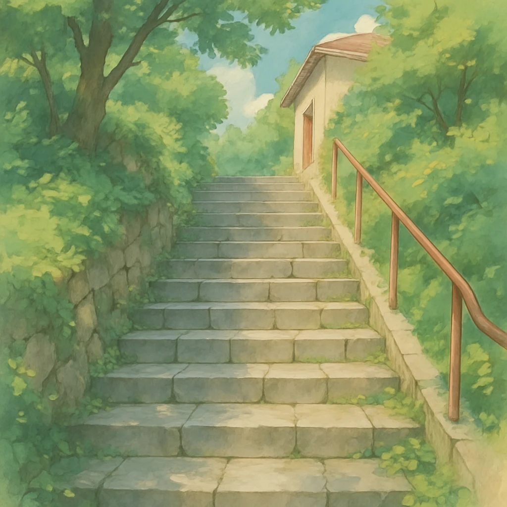 stairs, ghibli style, detailed, soft colors, anime inspired emoji