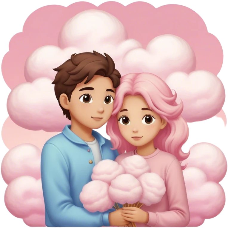 A young man and woman embrace on fluffy, cotton candy-like pink clouds, their faces hidden. They have wheat-toned skin, creating a dreamy, fairytale atmosphere. emoji