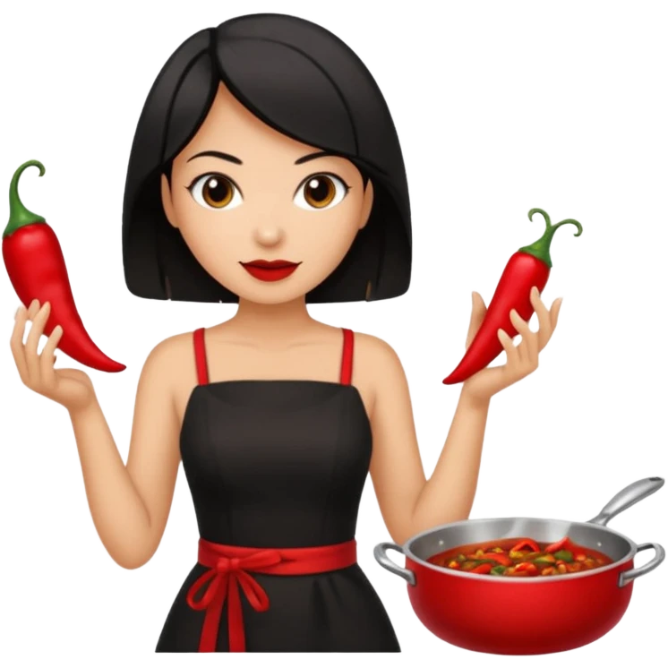 black short shoulder length hair tanned woman, black dress cooking, holding chili pepper emoji