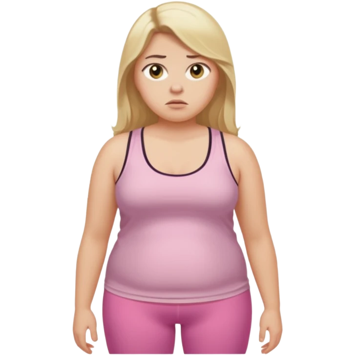 Create a young woman with long blonde hair, golden eyes, and medium-light skin tone, wearing a light pink tank top and leggings. but she is overweight  She should be in portrait mode, but with a subtle doubting facial expression—slightly raised eyebrow, small frown, emoji