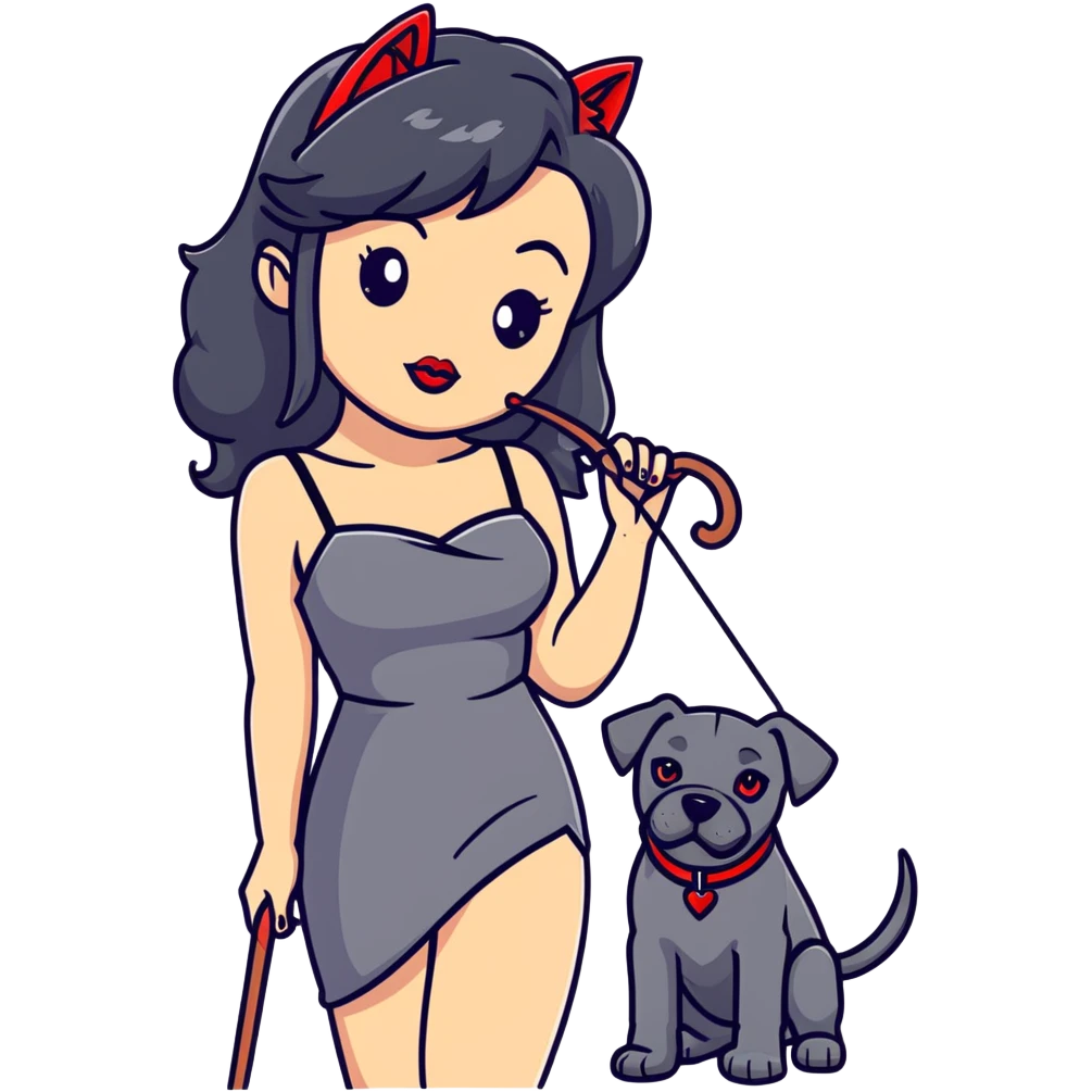 Fashionable woman in sling dress with long black hair, big red lips, and Cane Corso dog ears and short tail emoji