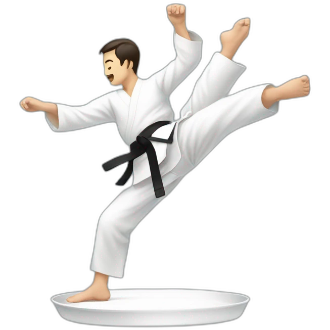 A man doing taekwondo, kicking, and on his foot there is a plate emoji