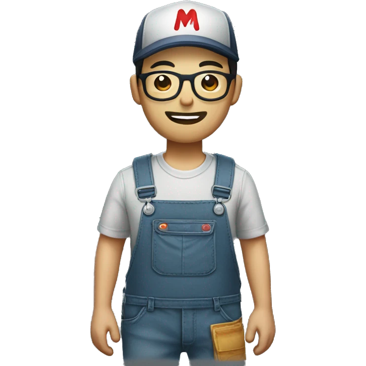 An Asian man with a beard and glasses, wearing an overalls and a button-up shirt and a dark cap with a red letter "M" design emoji