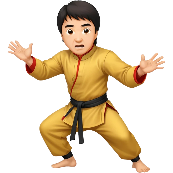 Jackie Chan in kung fu pose with his classic surprised expression, martial arts stance emoji