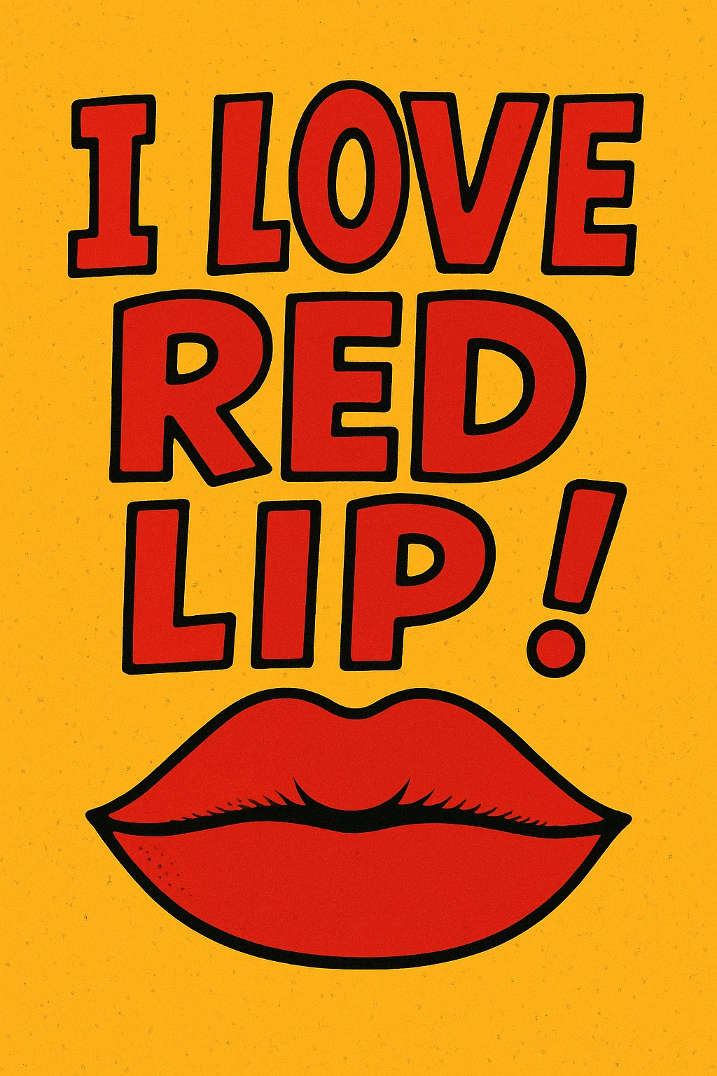 stylized mouth with closed lips, matte red lipstick, and the words 'I love red lip!' in a playful, eye-catching layout emoji