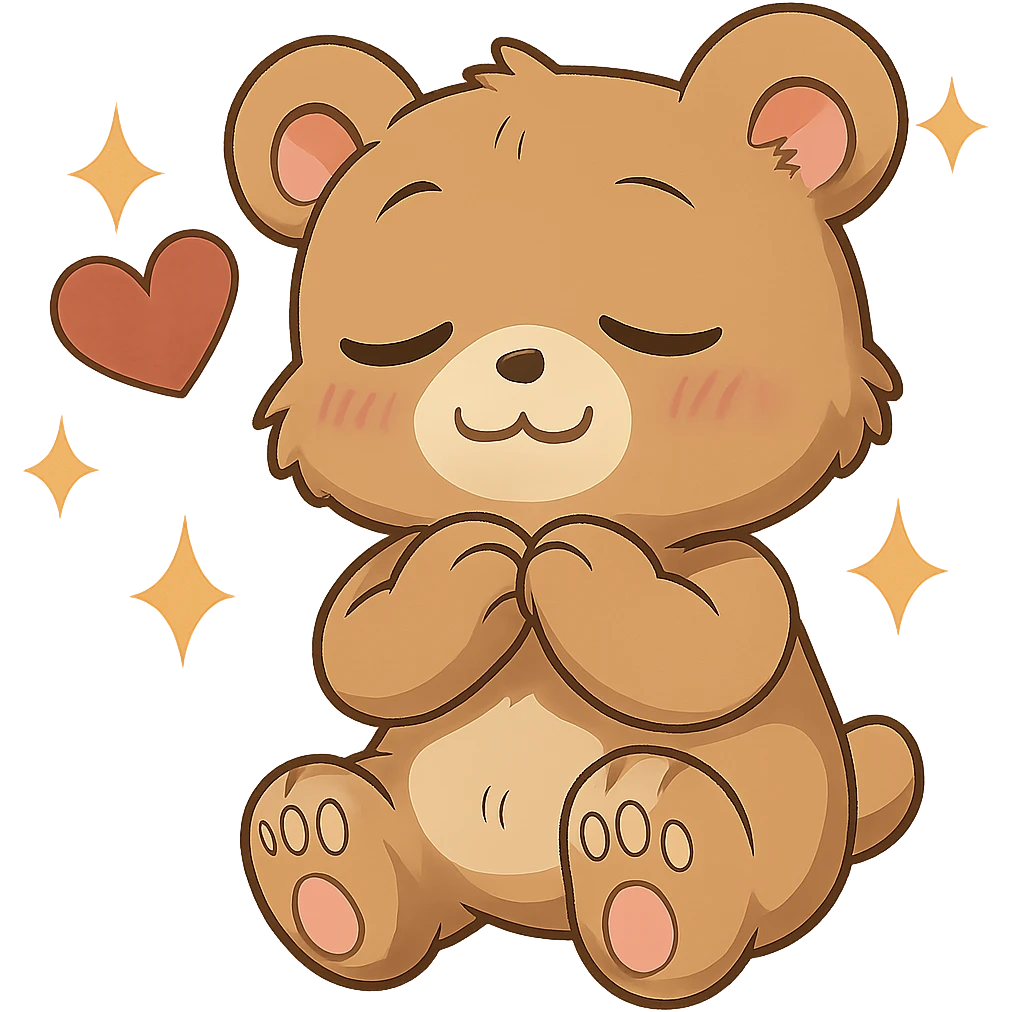 Add sparkles around the anime style cute bear showing love. Keep the background transparent. The style is anime, cute bear with a love showing pose. emoji