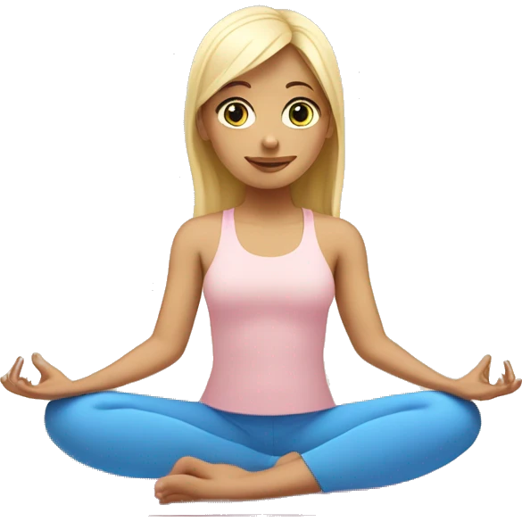blonde with bangs and blue eyes yoga girl light pink clothes sitting on yoga mat emoji