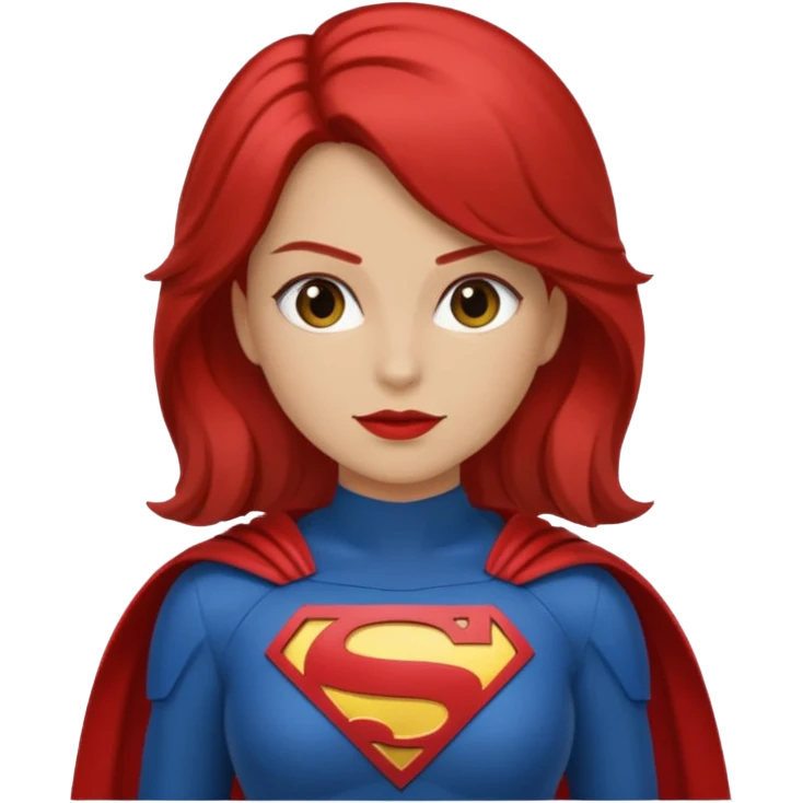 Una chica con pelo castaño medio pelirrojo con traje de superhéroe emoji