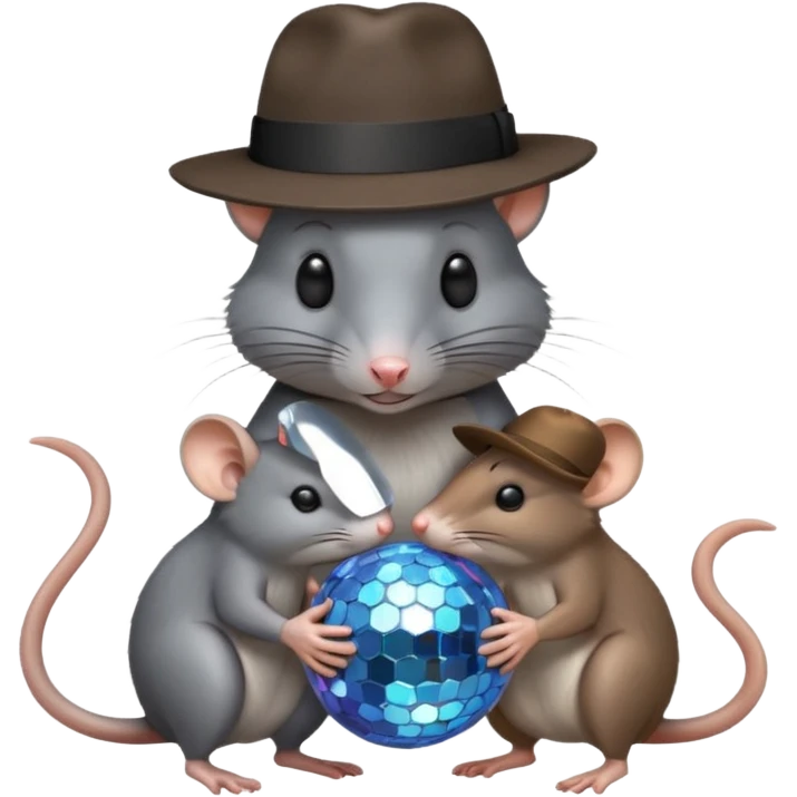 A black rat wearing a fedora being hugged by a grey rat in a fedora and a brown rat wearing a fedora holding a disco ball emoji