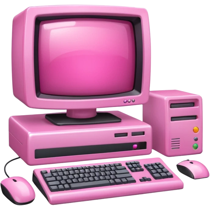 shiny pink translucent 90s computer with CRT monitor, keyboard, PC tower, mouse emoji