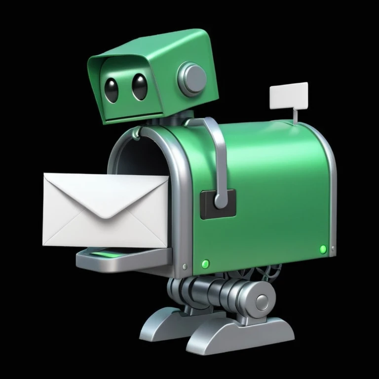 green mailbox robot, futuristic style, black background, glowing details, white envelope with code inside, modern tech aesthetic
 emoji