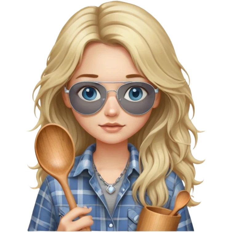 girl with long blond messy hair wearing grey plaid shirt with blue eyes and aviator sunglasses wearing a ring on her silver necklace, holding wooden spoon emoji