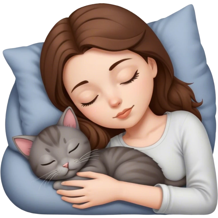 White girl brown hair sleeping with grey kitty emoji
