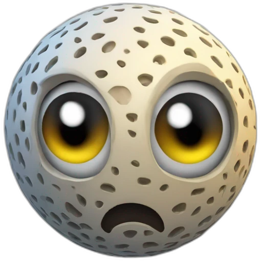 3d sphere with a cartoon Vex skin texture with big thoughtful eyes emoji