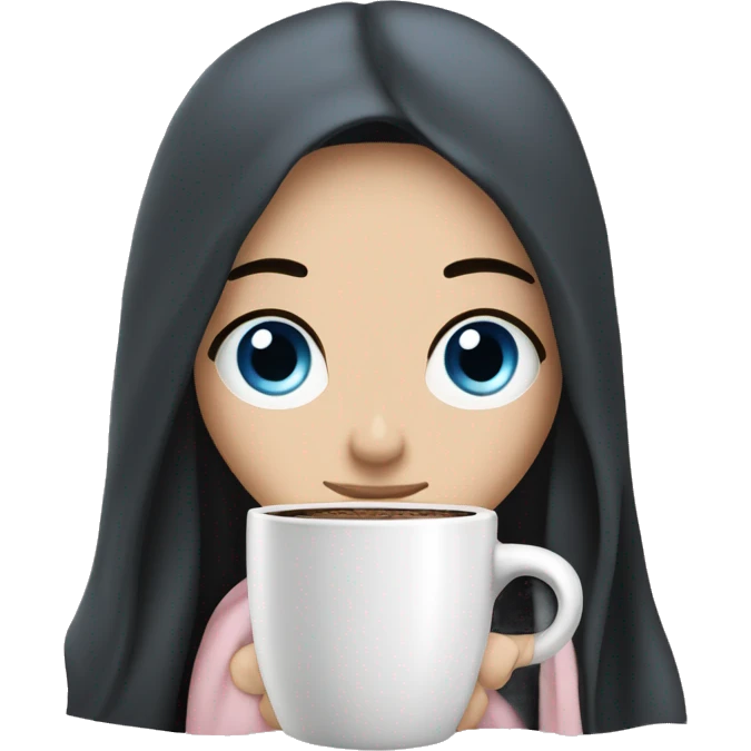 A pretty white girl with very long black hair and blue eyes in a light pink blanket sipping coffee emoji