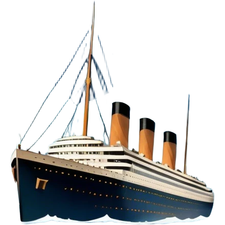 Icon for Titanic Movie: A vintage movie poster-style design featuring a dramatic scene of the ship, the iceberg, and a romantic silhouette of the main couple. Include elements like the ship’s bow, water splashes, and a starry sky in the background. Retro cinematic feel. Transparent background. emoji