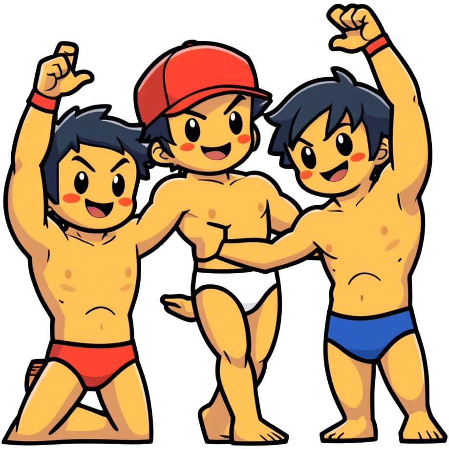 Bara style Hot handsome muscular 6ft 5inch tall smiling happy fun shirtless Ash Ketchum dancing to techno with two best friends in short swimwear emoji