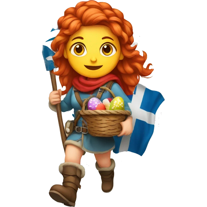 red hair female winter mountaineer climbing with Easter eggsbasket and Greek flag emoji