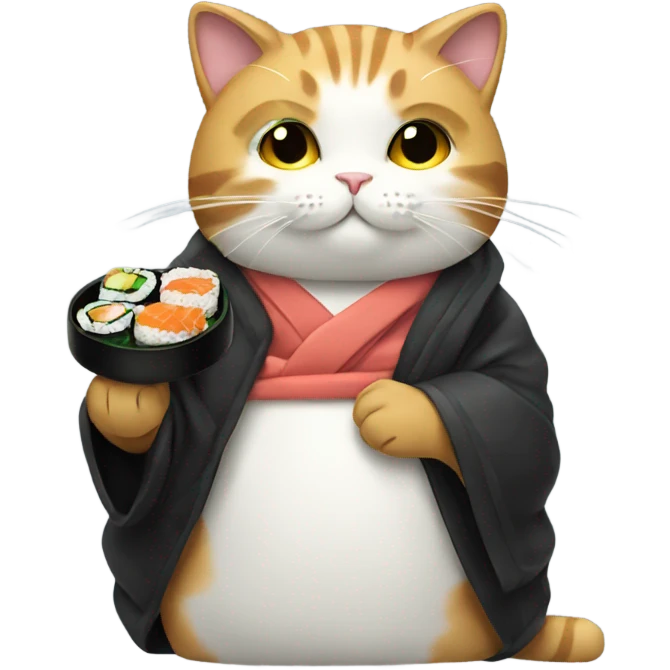 cat wearing a big coat eating sushi emoji