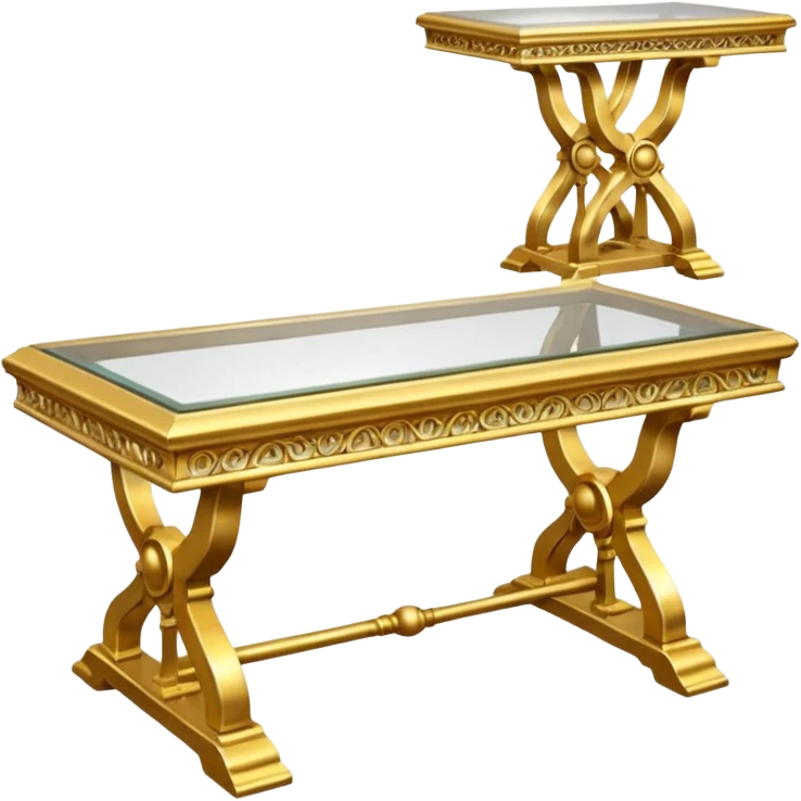 A glass topped rectangular trestle table with 2 side benches and 2 thrones at the ends emoji