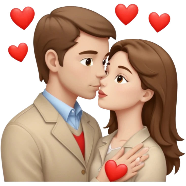 A white man with brown hair in pale beige clothes and a woman in pale beige clothes are kissing with white hearts emoji