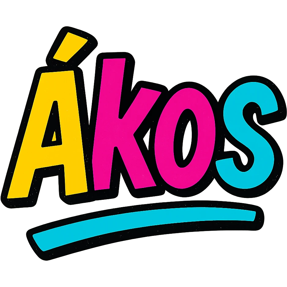 Ákos name in modern colorful gradient font with dark outline, dynamic style with slanted or partial underline, transparent background, in the style of sample images emoji