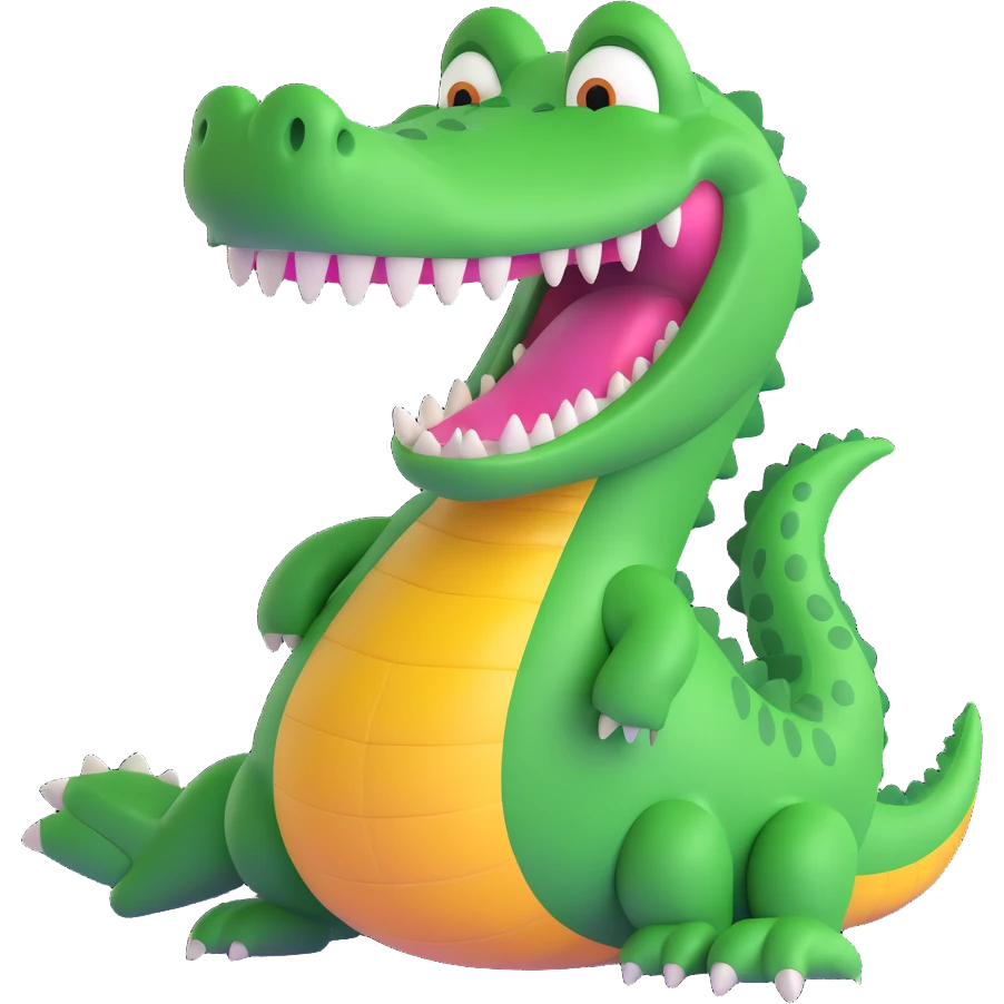 playful pose bright green cartoon crocodile named Bombardino with big toothy grin emoji