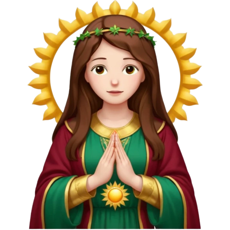 Virgin Mary, kind face, looking down left, long brown hair, emerald green robe with gold stars, burgundy red dress, hands in prayer, halo, standing before a large sun, roses on the sides emoji