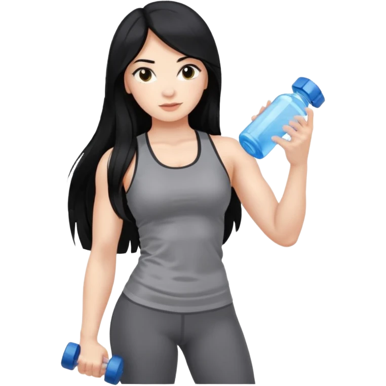 Long black hair girl with gym aesthetic, leggings with fitted shirt, with water bottle and dumble  emoji