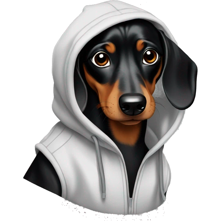 Black and brown dachshund wearing a hoodie emoji