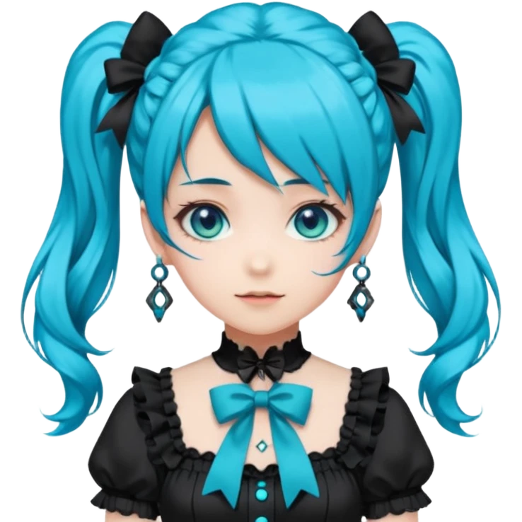 anime-style female character with bright turquoise hair styled in twin tails and matching blue eyes. Her outfit is a frilly turquoise and black dress in a Lolita-esque style, heavily contrasted with black ribbons and trim. A key detail is the"AWP" logo printed in black on the chest. happy variant emoji