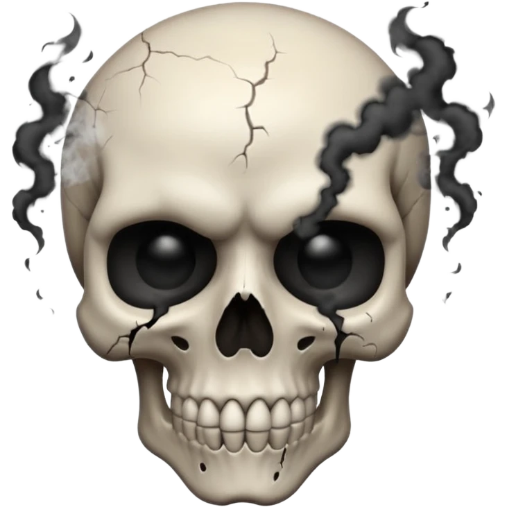 iOS style emoji, dark fantasy skull, cracks, black smoke from eyes, soft light, stylized emoji