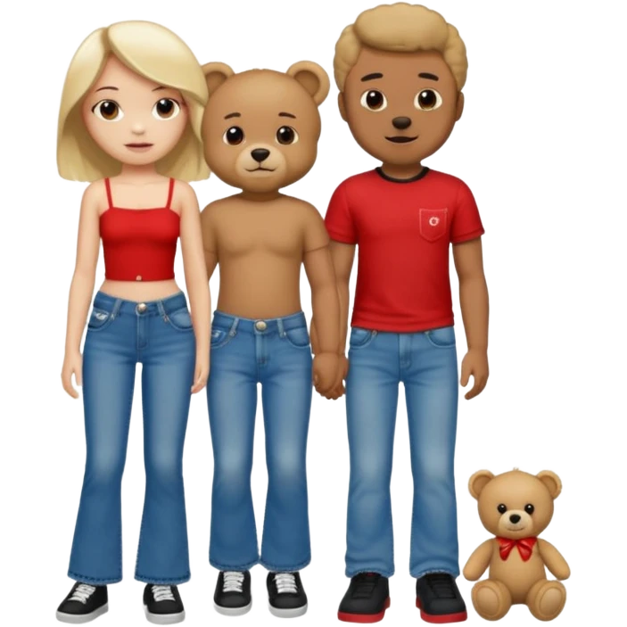 A boy and a girl teddy bear for the boy bear put on true religion shirt and jeans with black shoes and for the girl put flare jeans and a red tube top and white shoes just bears not the humans  emoji