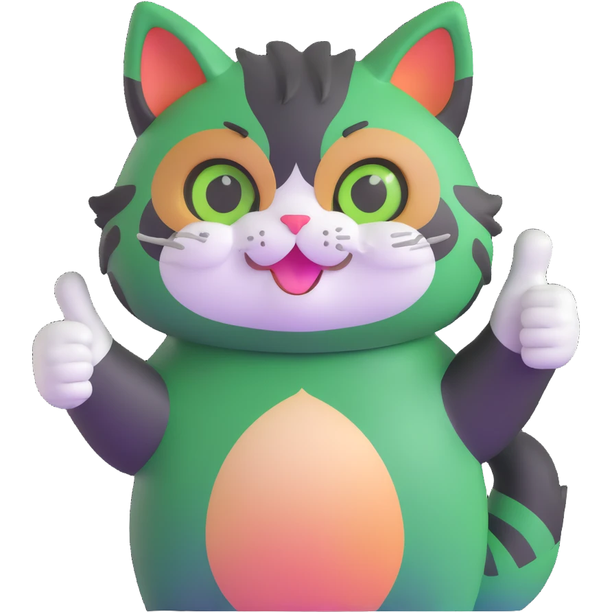 tricolor fluffy cat with big green eyes giving thumbs up emoji