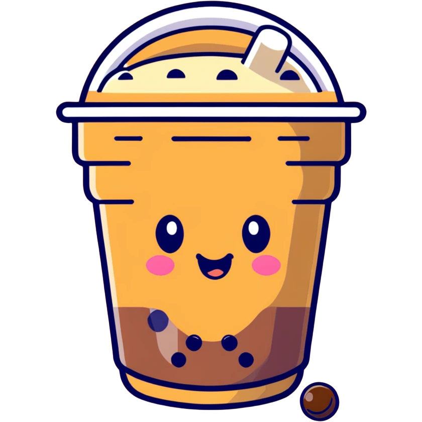 brown milk tea with a happy expression and boba pearls, different cup shape, soft mocha pastel tones, kawaii emoji