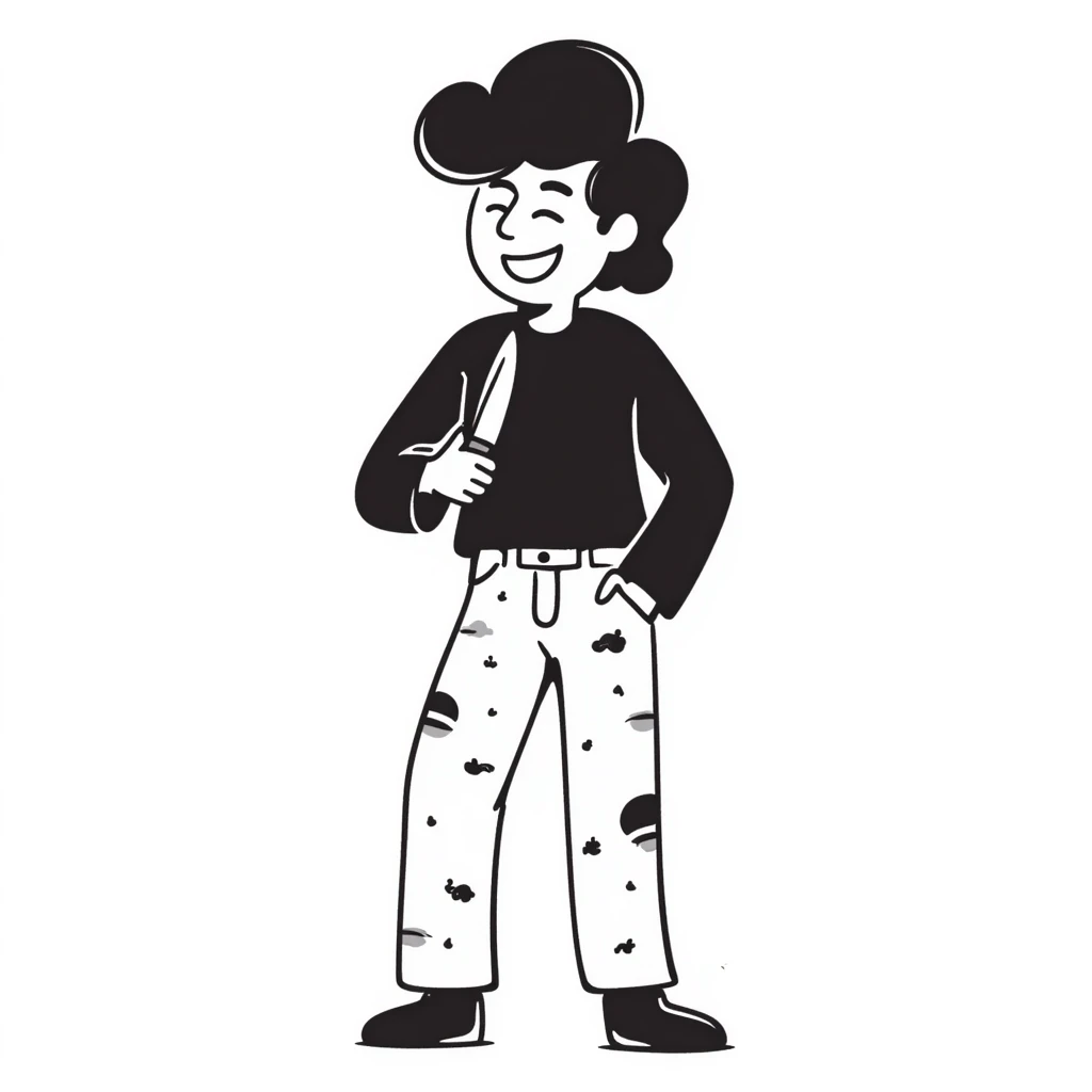 hand-drawn sketch of a savage person in 1988 outfit with mullet hair, acid wash jeans, holding knife, laughing crazily emoji