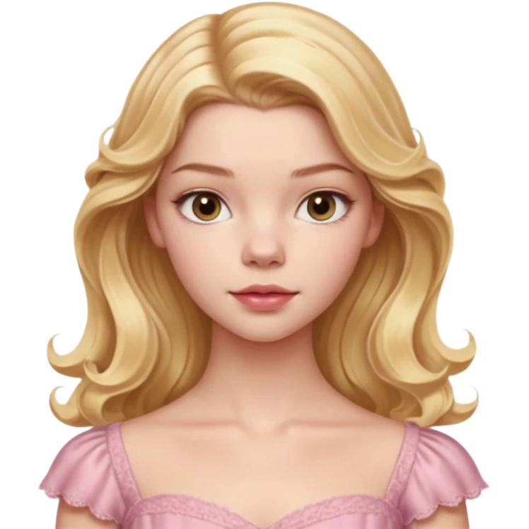 Cinematic Realistic Anya Taylor Joy Portrait, depicted with lifelike skin texture, subtle rosy undertones, and soft natural lighting that enhances the gentle contours of her face. Her intricately detailed golden blonde hair is elegantly wavy, and pink dress corquette emoji