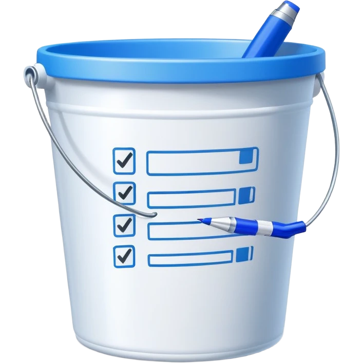 bucket with a pen and a checklist sticking out, playful and inviting emoji