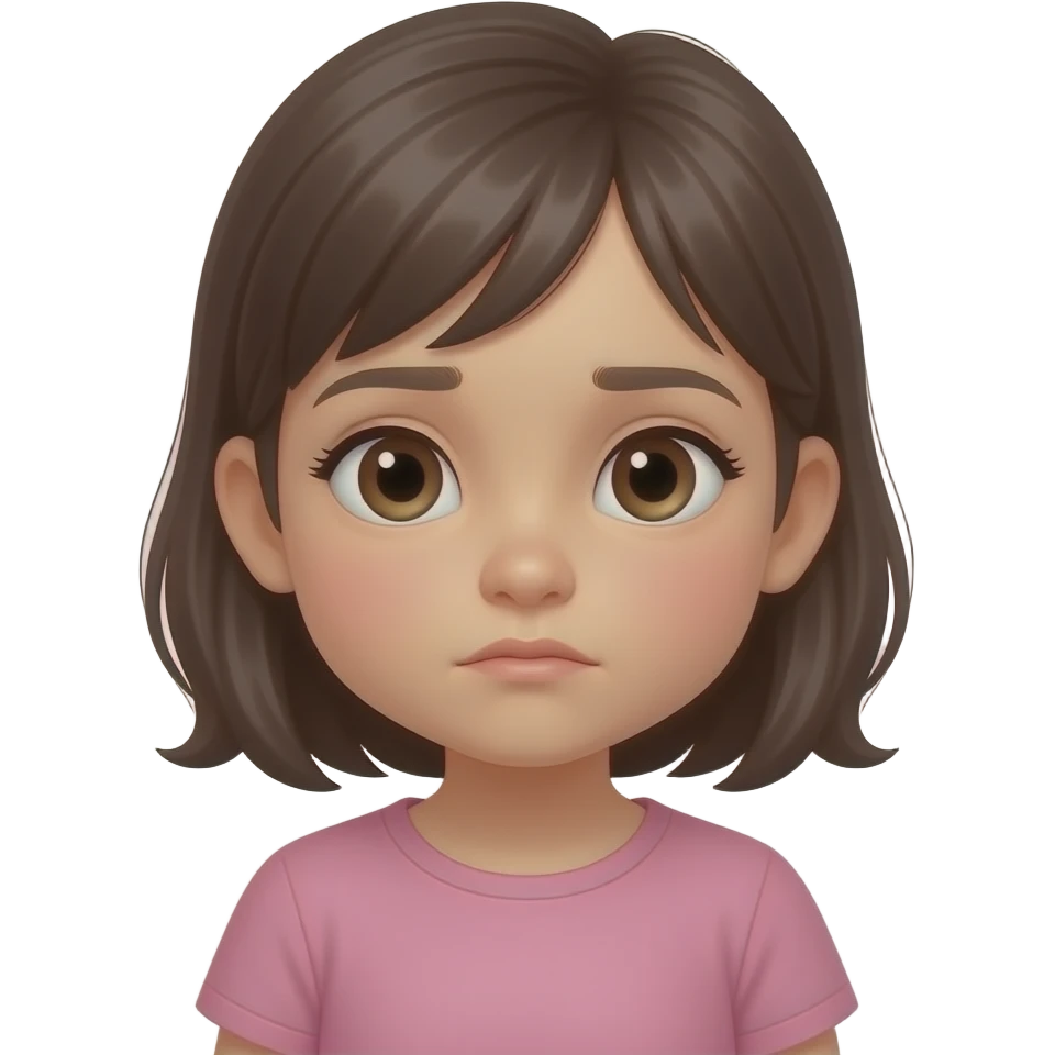 little girl watching quietly, serious and thoughtful expression, soft eyes, minimalist flat illustration, warm tones, consistent style, same character design, no background, expressive face emoji